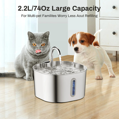 2.2L Stainless Steel Automatic Water Fountain - Silent Circulation with Visual Window