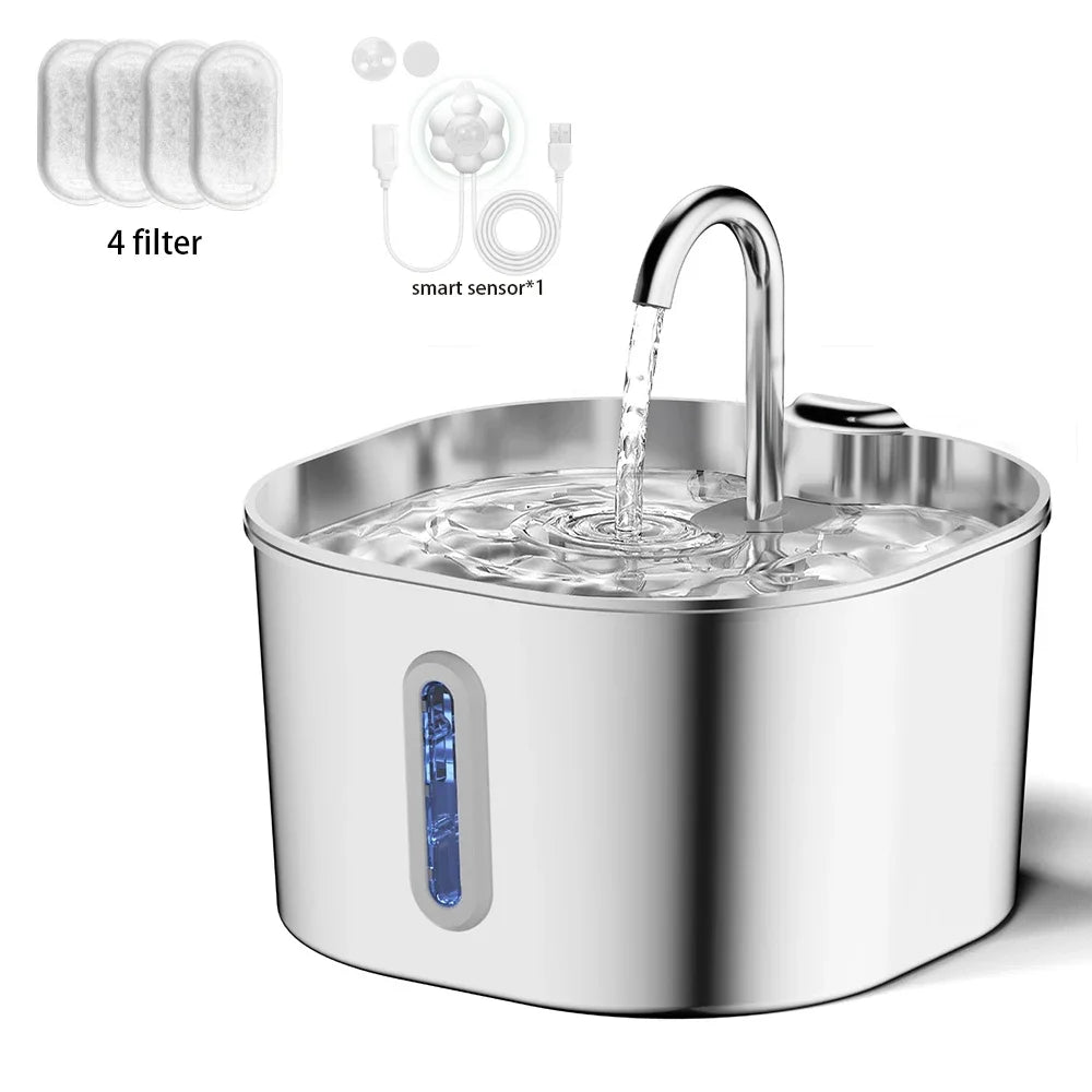 2.2L Stainless Steel Automatic Water Fountain - Silent Circulation with Visual Window